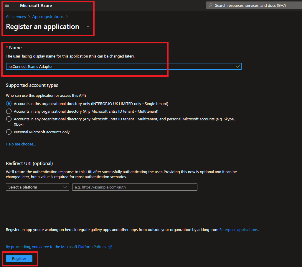 Registration in Azure