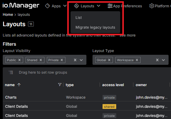 Layouts Menu