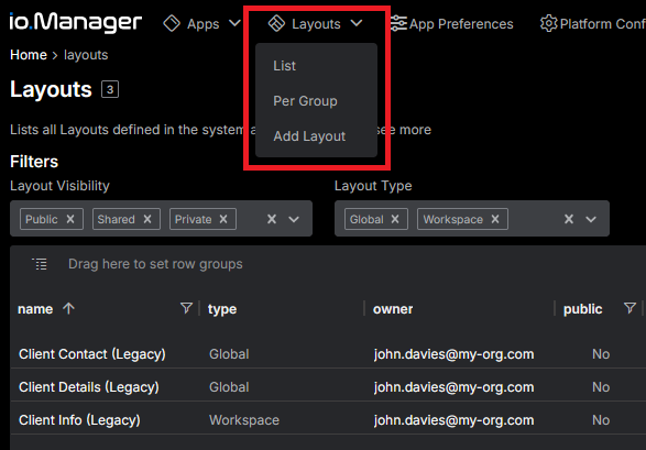 Legacy Layouts Menu